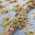 Tkanina koronkowa z perłowego tiulu w zielony kwiatek